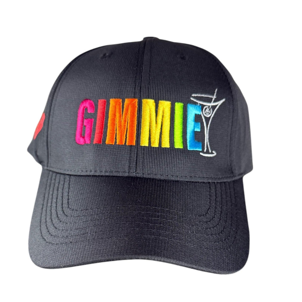 Black cap with colorful 'GIMMIE' text and a martini glass logo on a white background