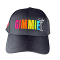 Black cap with colorful 'GIMMIE' text and a martini glass logo on a white background
