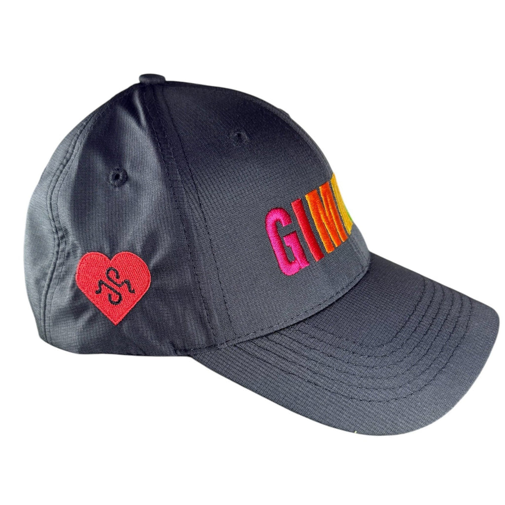 Gray cap with colorful text and a red heart on a white background