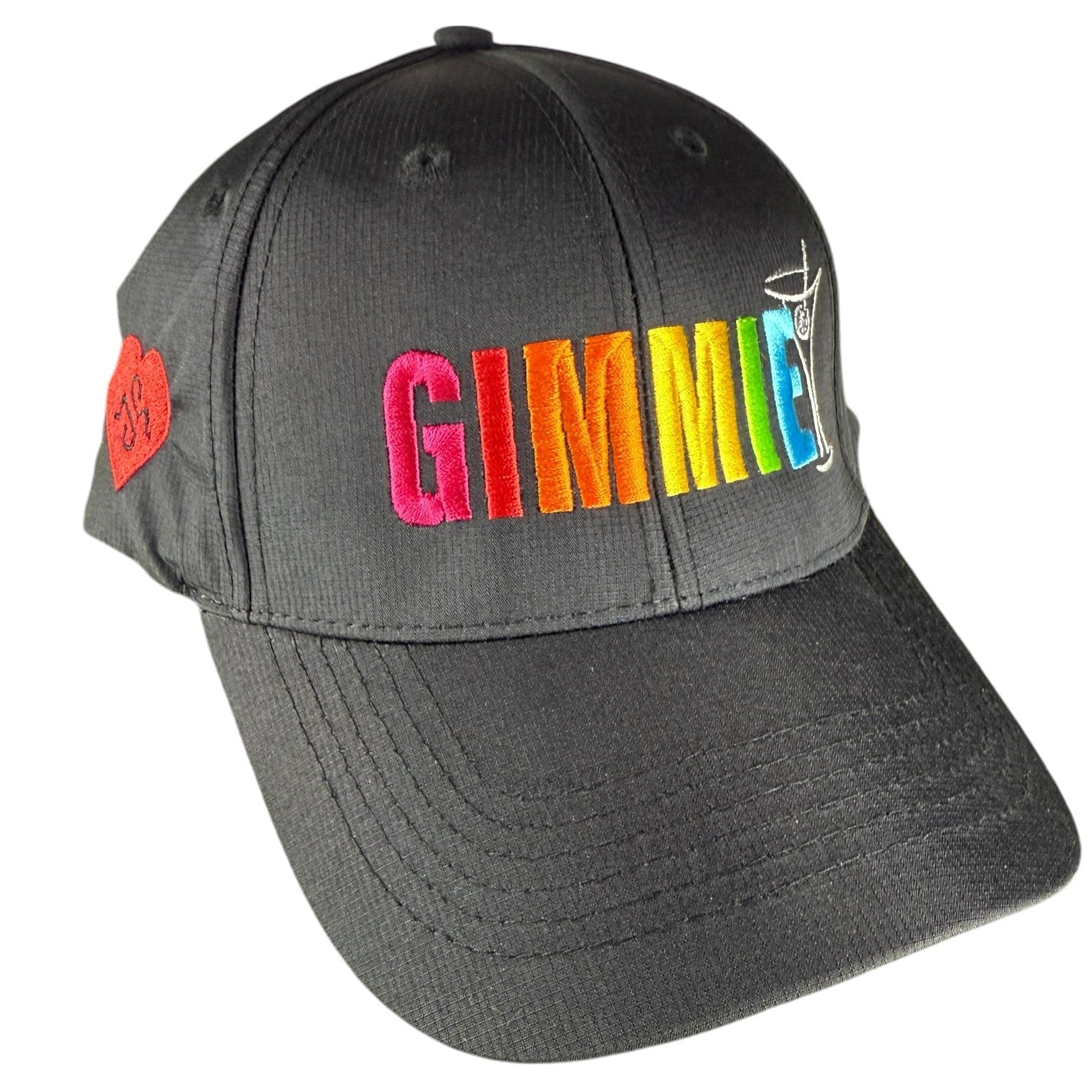 Gray cap with colorful 'GIMME!' text on a white background