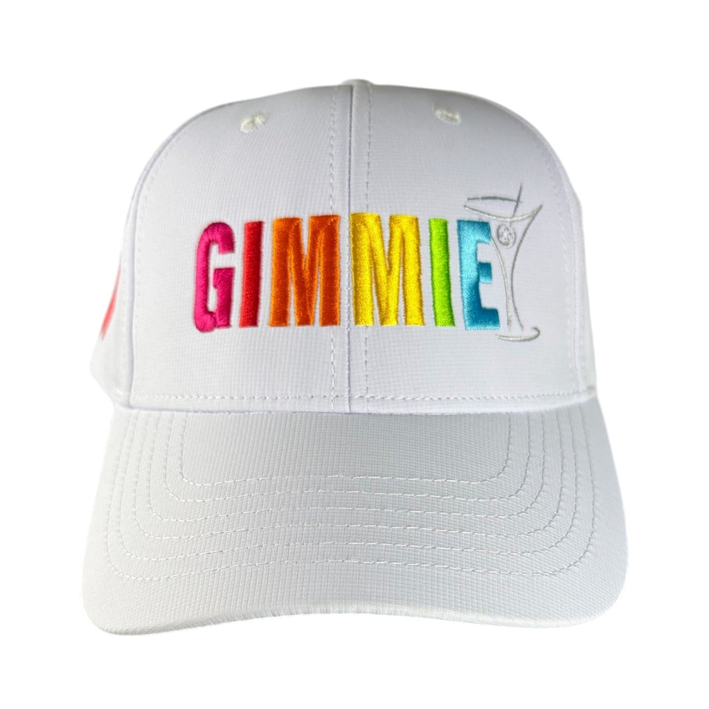White cap with colorful 'GIMMIE' text and martini glass design on a white background