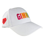 White cap with colorful text and a red heart on a white background
