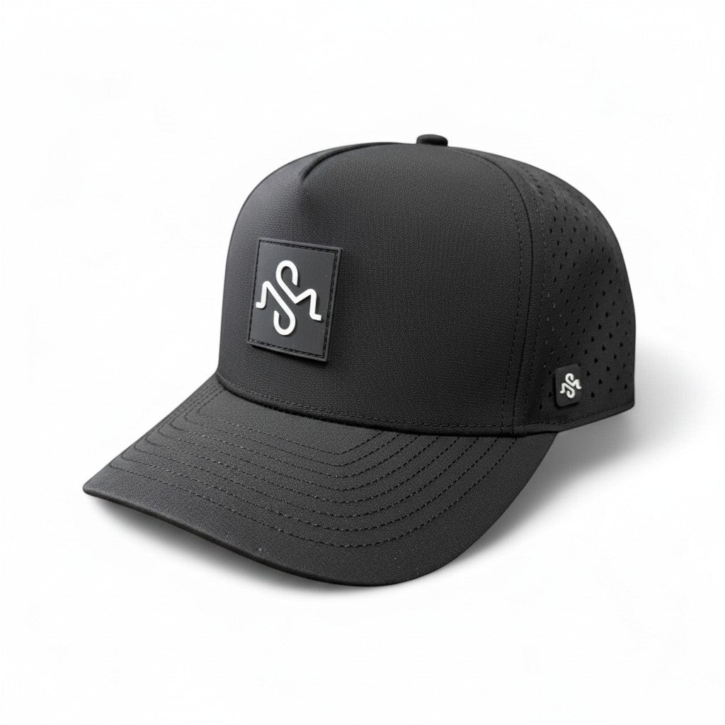 Scooter Martini The Dry Martini black 5-panel performance snapback hat with laser-perforated side panels.