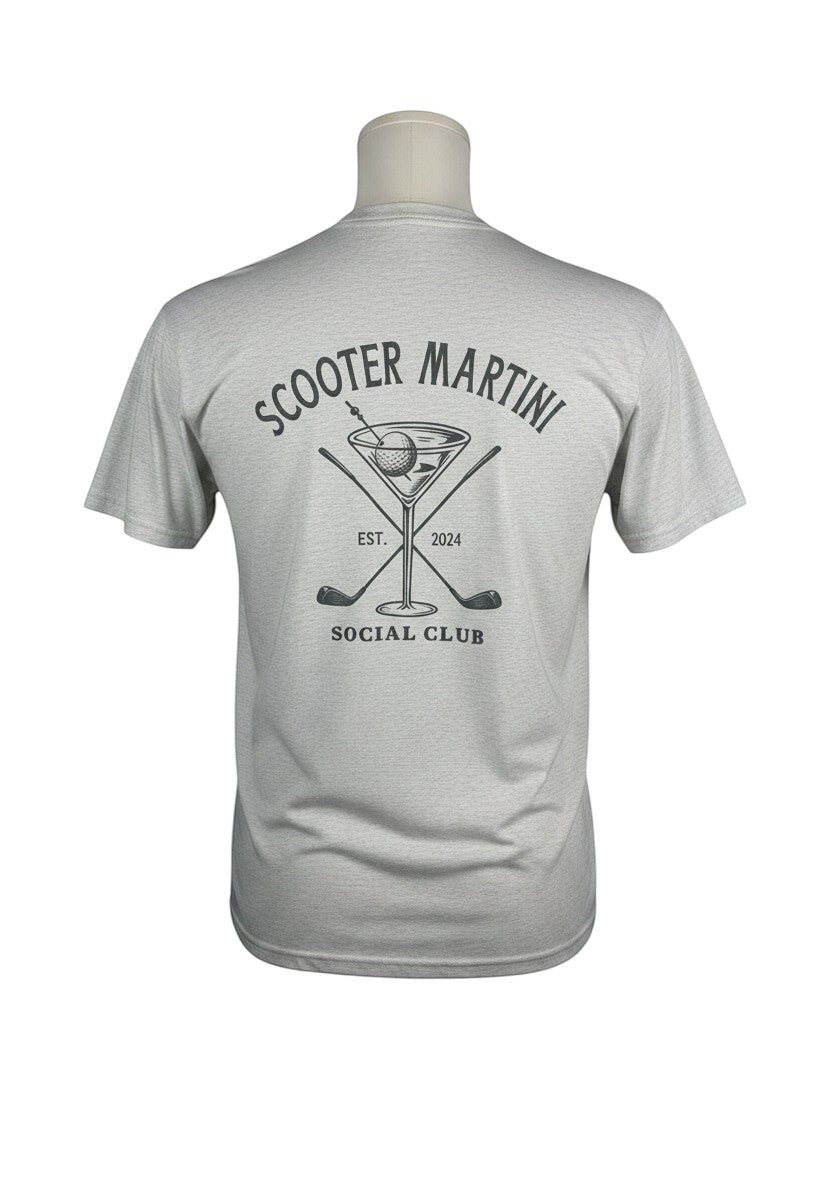 Scooter Martini heather white tri-blend t-shirt featuring a black golf and martini glass graphic on the back.