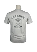 Scooter Martini heather white tri-blend t-shirt featuring a black golf and martini glass graphic on the back.