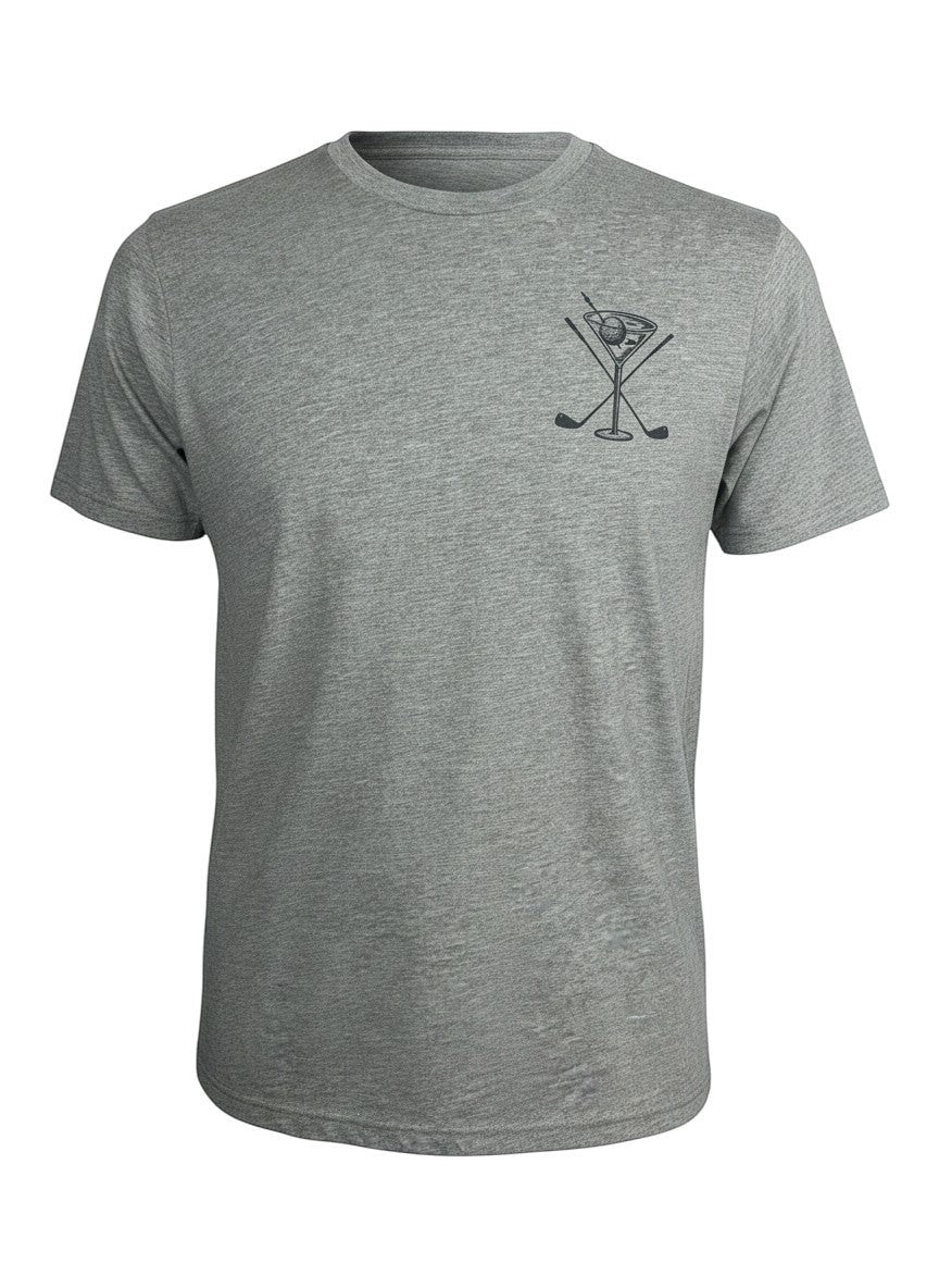 Scooter Martini premium heather tri-blend crew t-shirt with navy golf and martini glass chest graphic