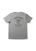 Scooter Martini heather grey tri-blend t-shirt featuring a navy golf and martini glass graphic on the back.