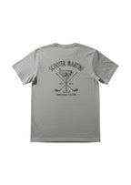 Scooter Martini heather grey tri-blend t-shirt featuring a navy golf and martini glass graphic on the back.