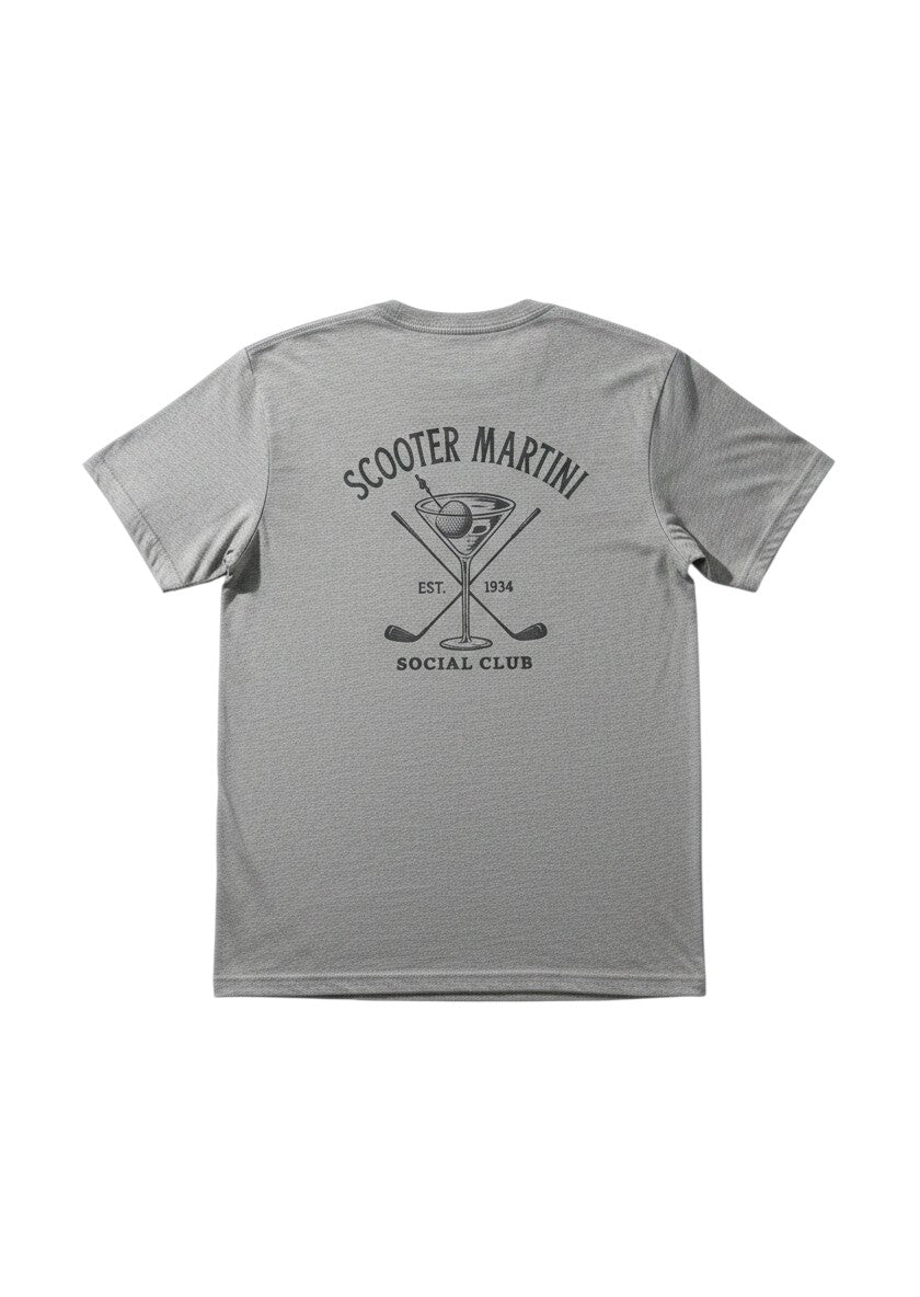 Scooter Martini heather grey tri-blend t-shirt featuring a navy golf and martini glass graphic on the back.