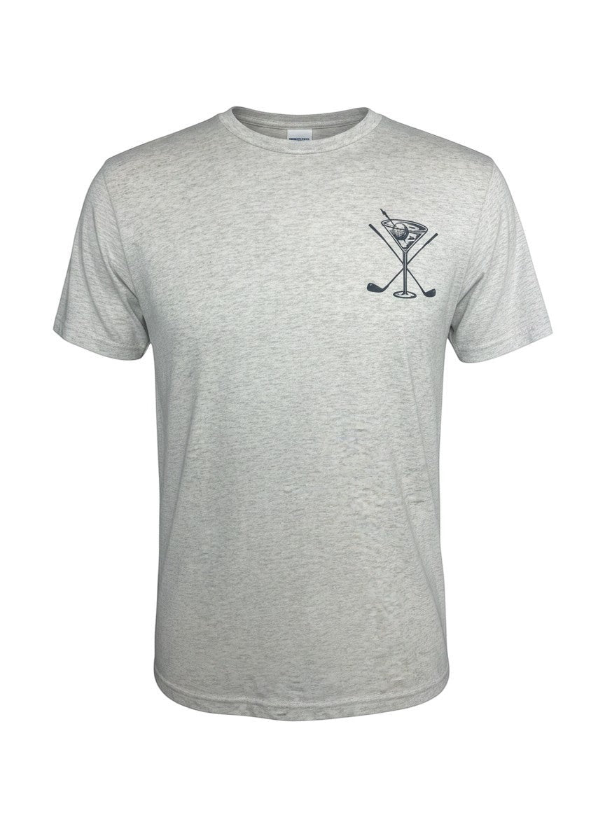 Scooter Martini heather white tri-blend crew neck t-shirt with a black golf club and martini glass chest graphic.