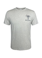 Scooter Martini heather white tri-blend crew neck t-shirt with a black golf club and martini glass chest graphic.