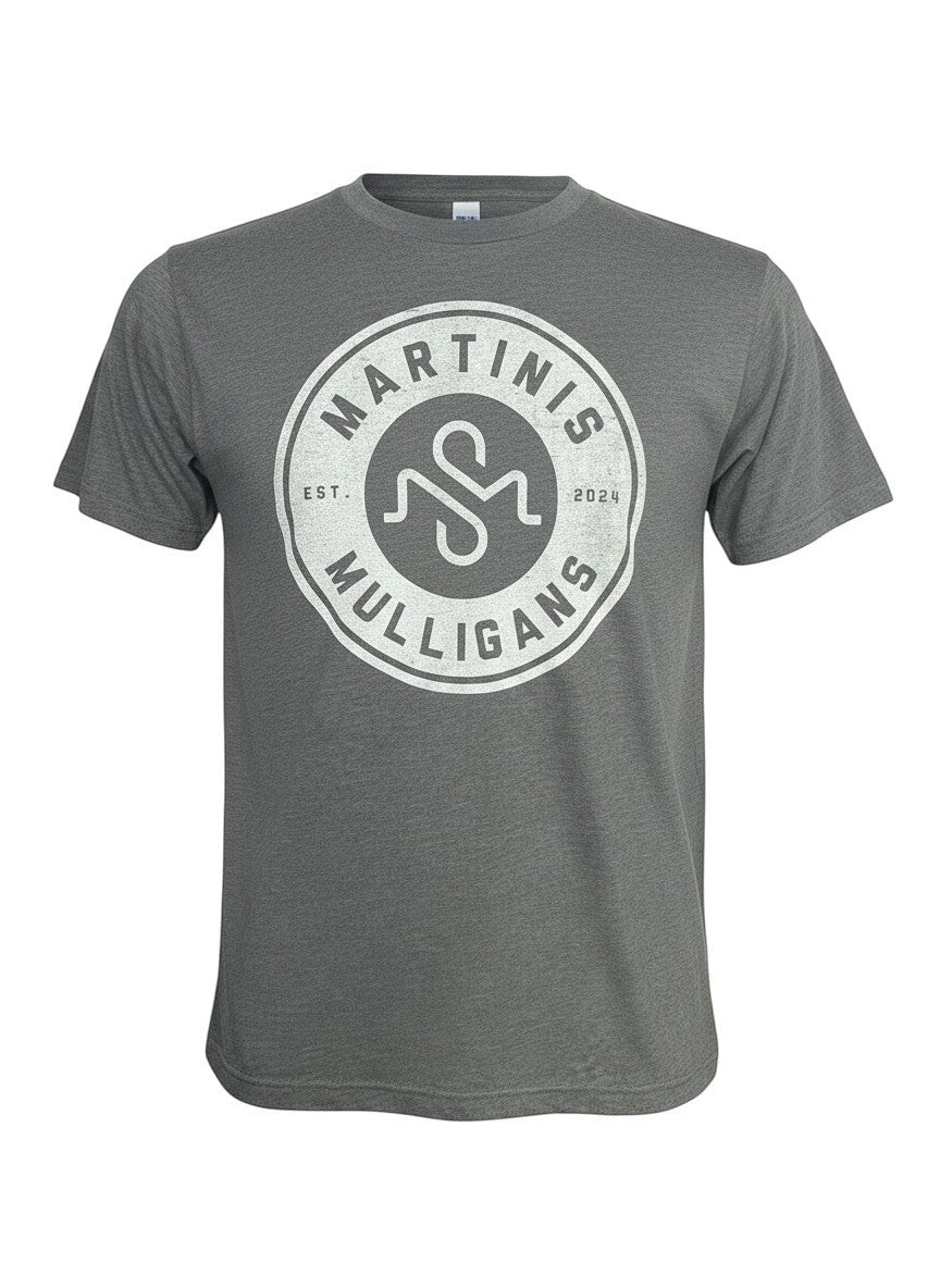 Scooter Martini grey tri-blend crew neck t-shirt with a vintage white circular Martinis & Mulligans golf crest.