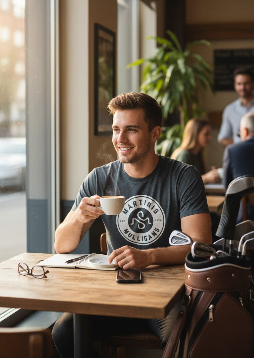 Man wearing a vintage navy Scooter Martini tri-blend t-shirt with a circular golf crest, sitting in a cafe.