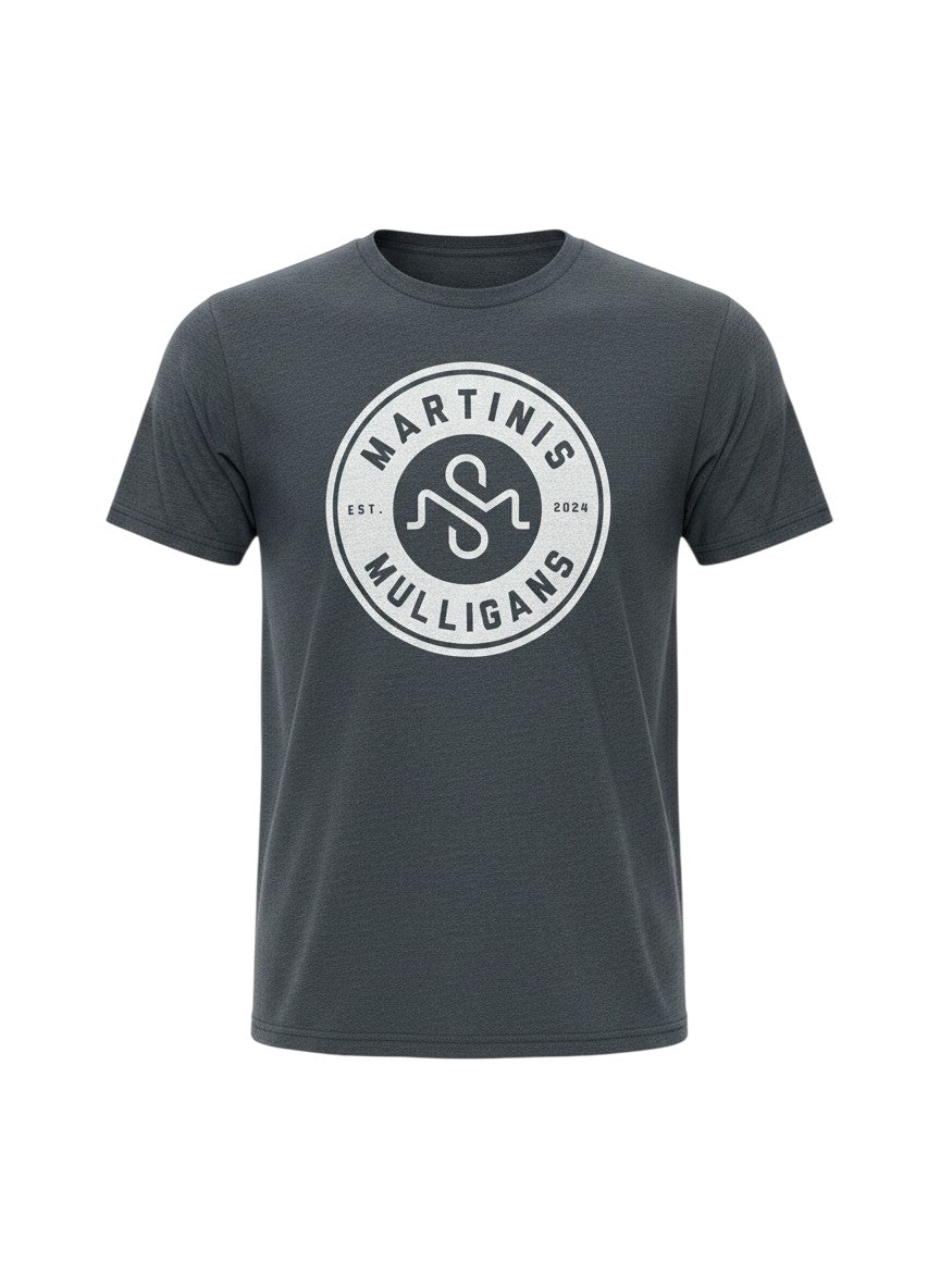 Scooter Martini vintage navy tri-blend crew neck t-shirt with a white circular Martinis & Mulligans golf crest print.