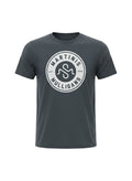 Scooter Martini vintage navy tri-blend crew neck t-shirt with a white circular Martinis & Mulligans golf crest print.