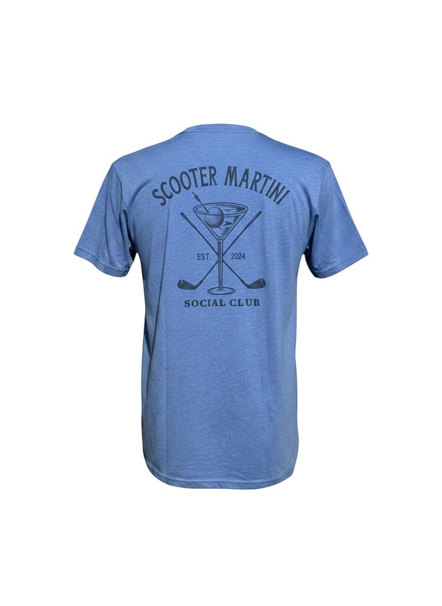 Scooter Martini royal blue tri-blend crew neck t-shirt featuring a vintage golf and martini glass graphic on the back.