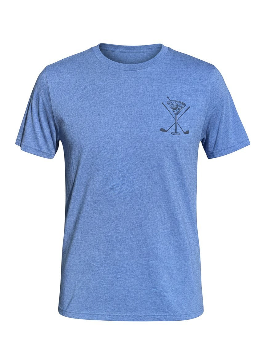 Scooter Martini royal blue tri-blend crew neck t-shirt featuring a small golf club and martini glass chest graphic.