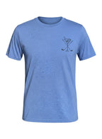 Scooter Martini royal blue tri-blend crew neck t-shirt featuring a small golf club and martini glass chest graphic.