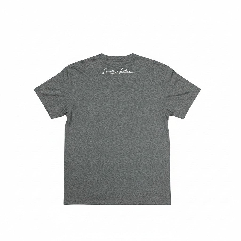 Scooter Martini grey tri-blend crew neck t-shirt with white signature logo on the back, vintage heavy metal color.